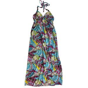 Multicolor Maxi Dress Halter Neck & Beaded Small Boho Hippie Sexy Stretch Casual